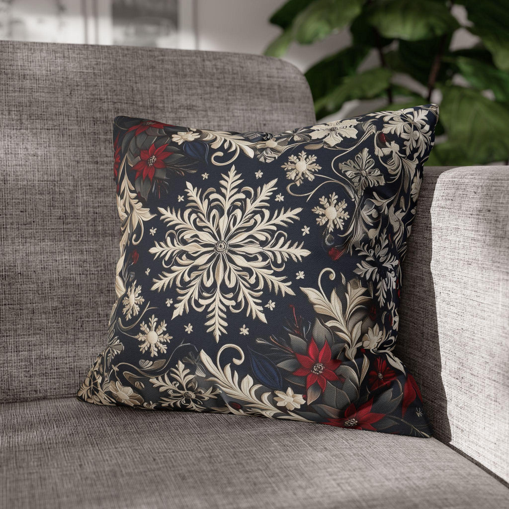 Christmas Snowflake & Poinsettia Pillow Cover: Navy Blue Cream and Garnet Red Cushion Case
