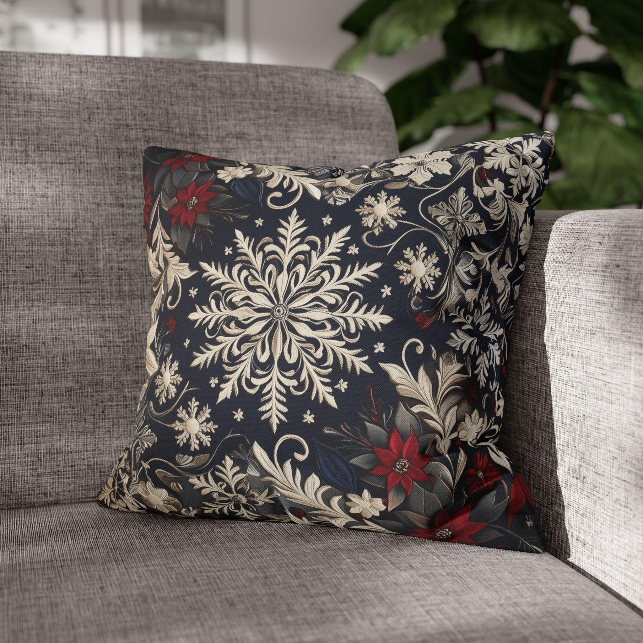 Christmas Snowflake & Poinsettia Pillow Cover: Navy Blue Cream and Garnet Red Cushion Case