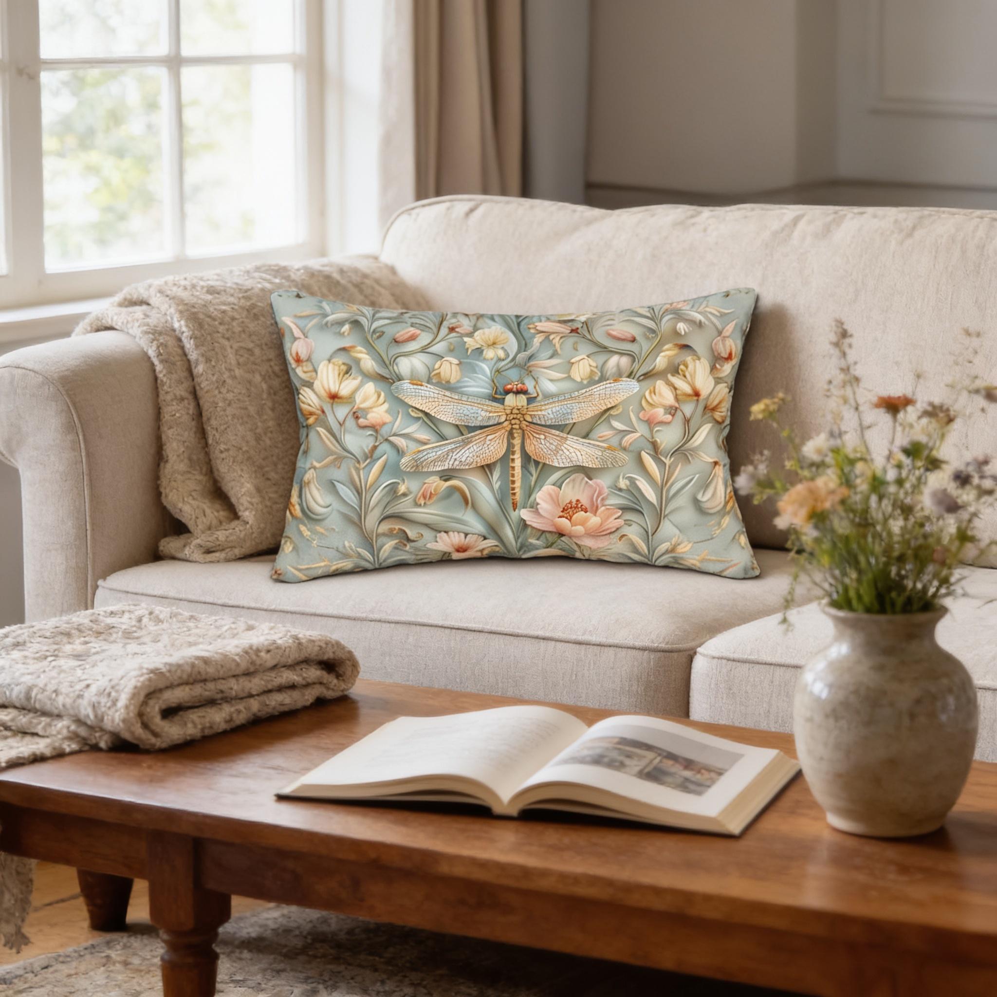 William Morris Inspired Dragonfly Lumbar Pillow: Blue, Gold & Pink Nature Design