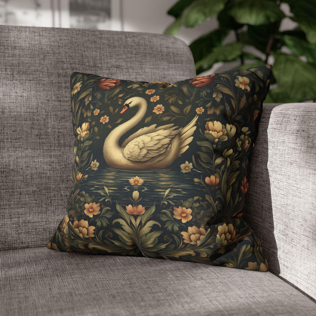 William Morris Inspired Swan Lake Decorative Pillow Cover: Moody Floral Fairytale Cushion Case
