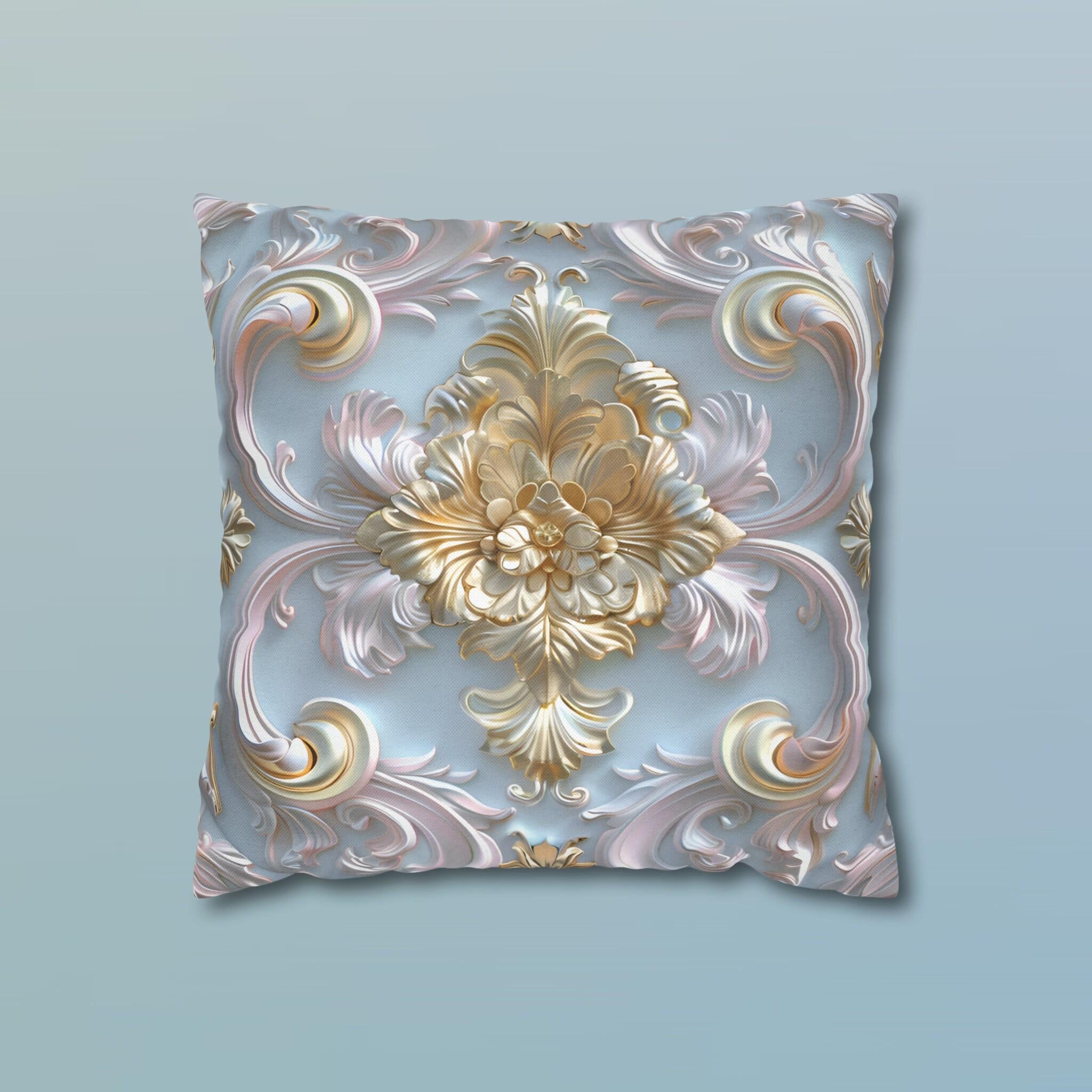 Rococo Coquette Pillow Cover: Pale Gold Floral on Pastel Blue