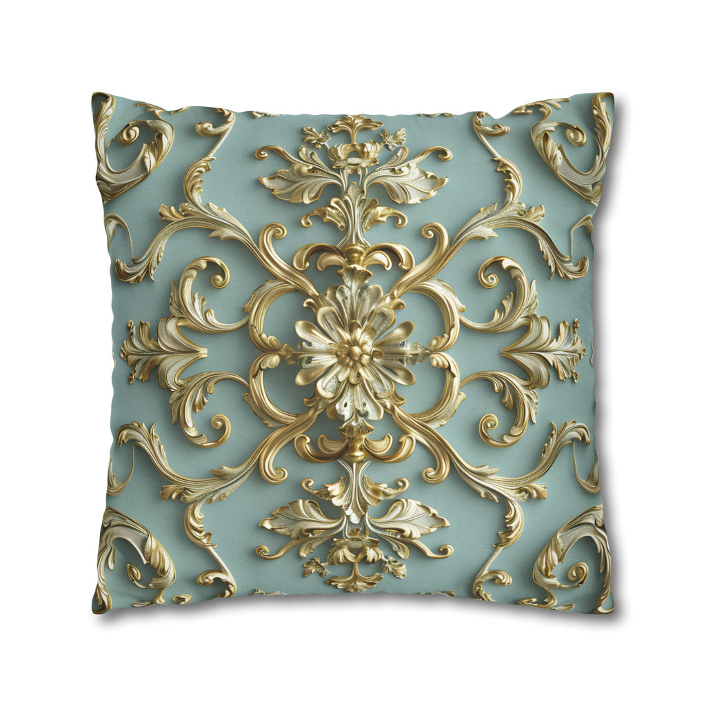 Luxurious Italian Rococo Pillow Cover: Gold Scrollwork on Soft Blue, Classical Ornate Design