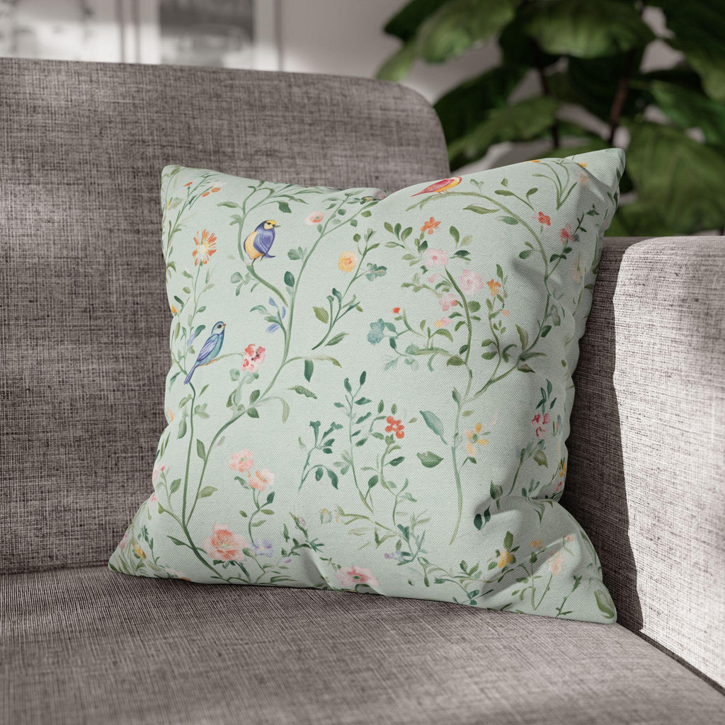 Chinoiserie Bird Cushion Cover: Mint Green Floral Pillow for Whimsical Garden-Inspired Home Decor