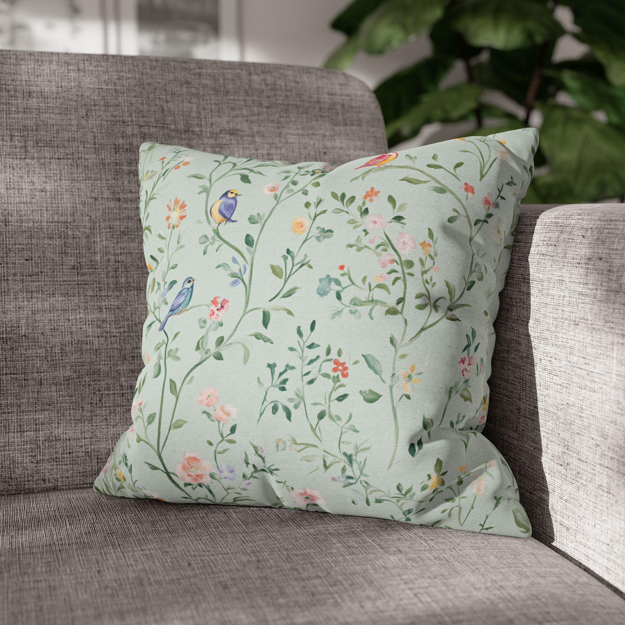 Chinoiserie Bird Cushion Cover: Mint Green Floral Pillow for Whimsical Garden-Inspired Home Decor