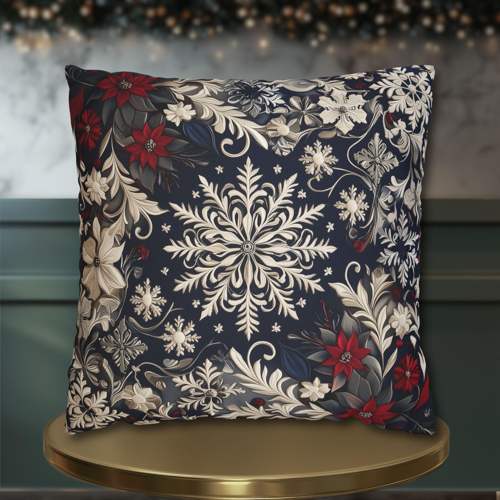 Christmas Snowflake & Poinsettia Pillow Cover: Navy Blue Cream and Garnet Red Cushion Case