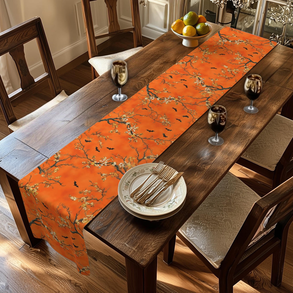 Halloween Chinoiserie Table Runner: Bright Orange with Bats and Blossoms  Decor