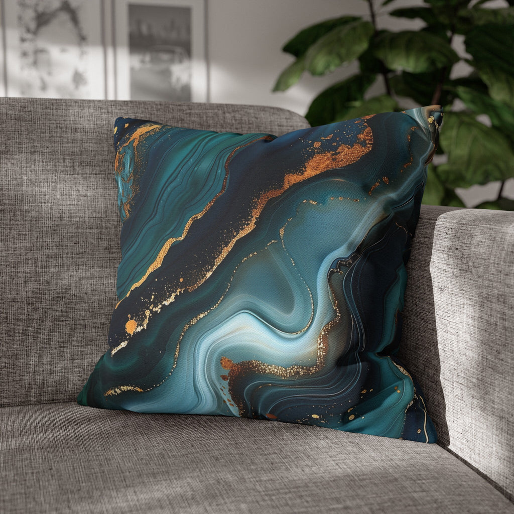 Ocean Waves Pillow Cover: Teal Navy & Gold Accent Cushion