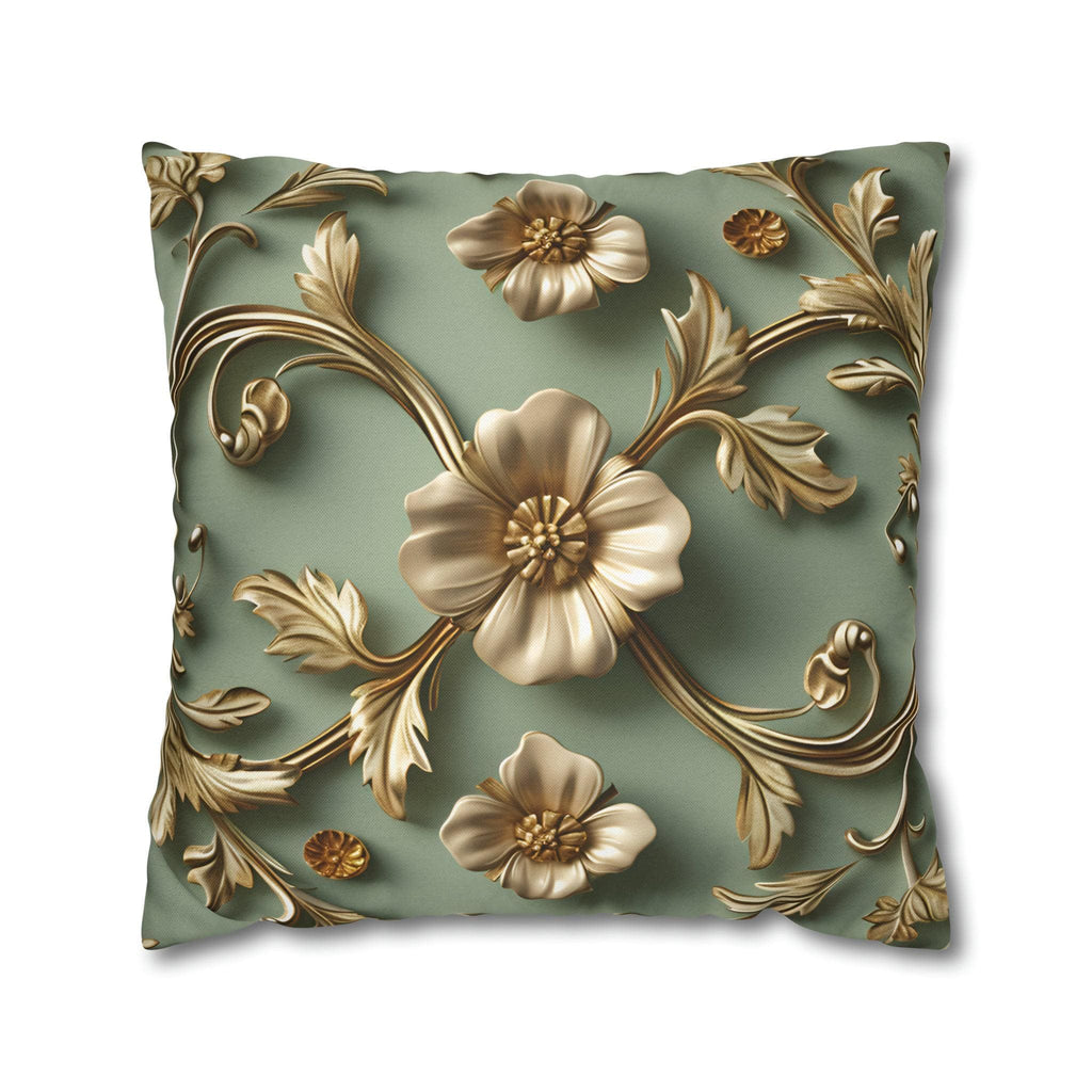 Vintage Style Floral Pillow Cover: Taupe Gold 3D Design on Sage Green