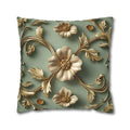 Vintage Style Floral Pillow Cover: Taupe Gold 3D Design on Sage Green