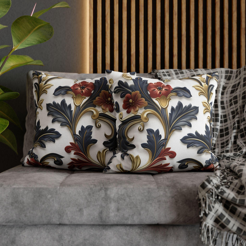 Luxurious Baroque-Inspired Floral Pillow Cover: Navy, Gold, Red on White Background