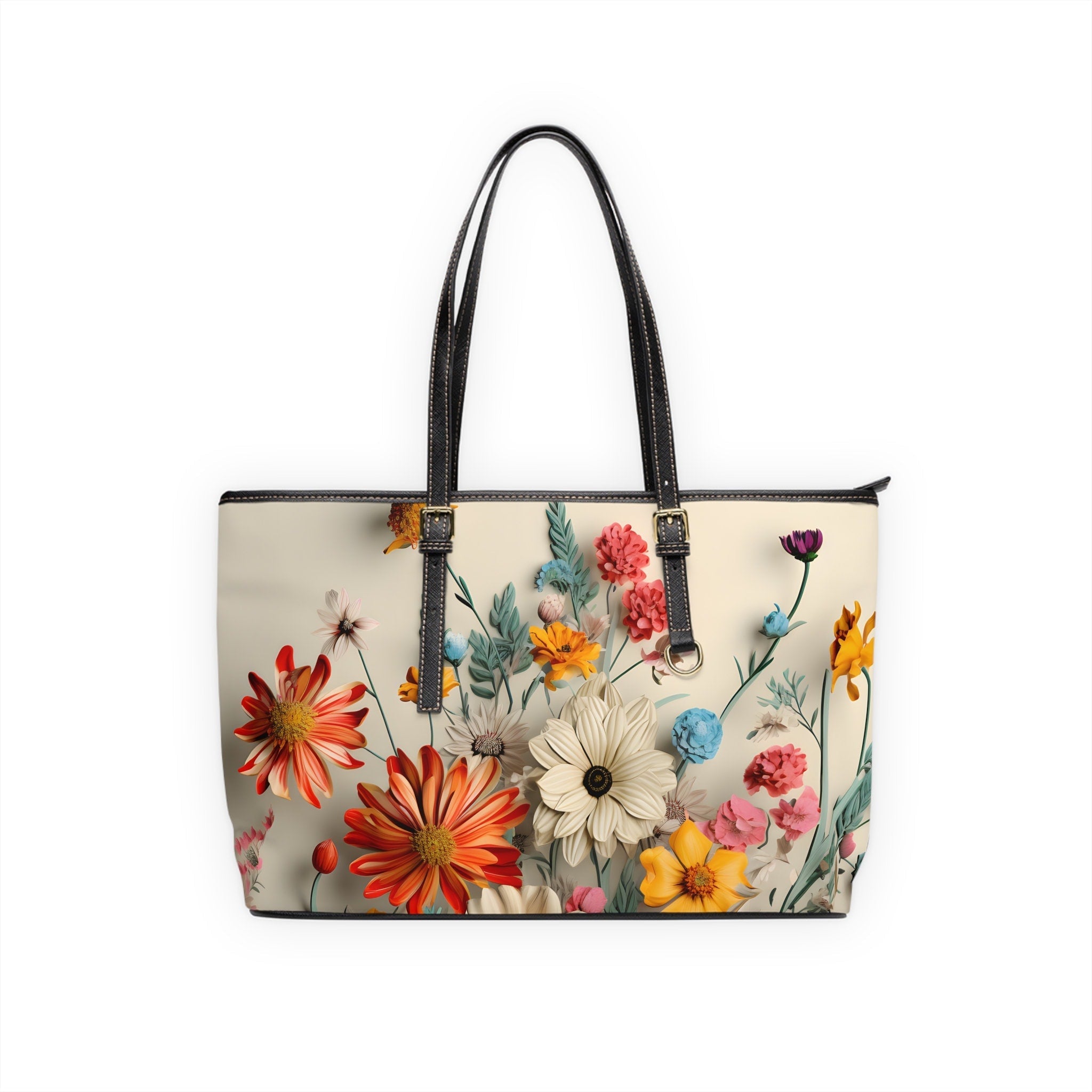 Vintage-Inspired Wildflower Shoulder Bag: Oversized PU Leather Tote with Artistic Floral Design