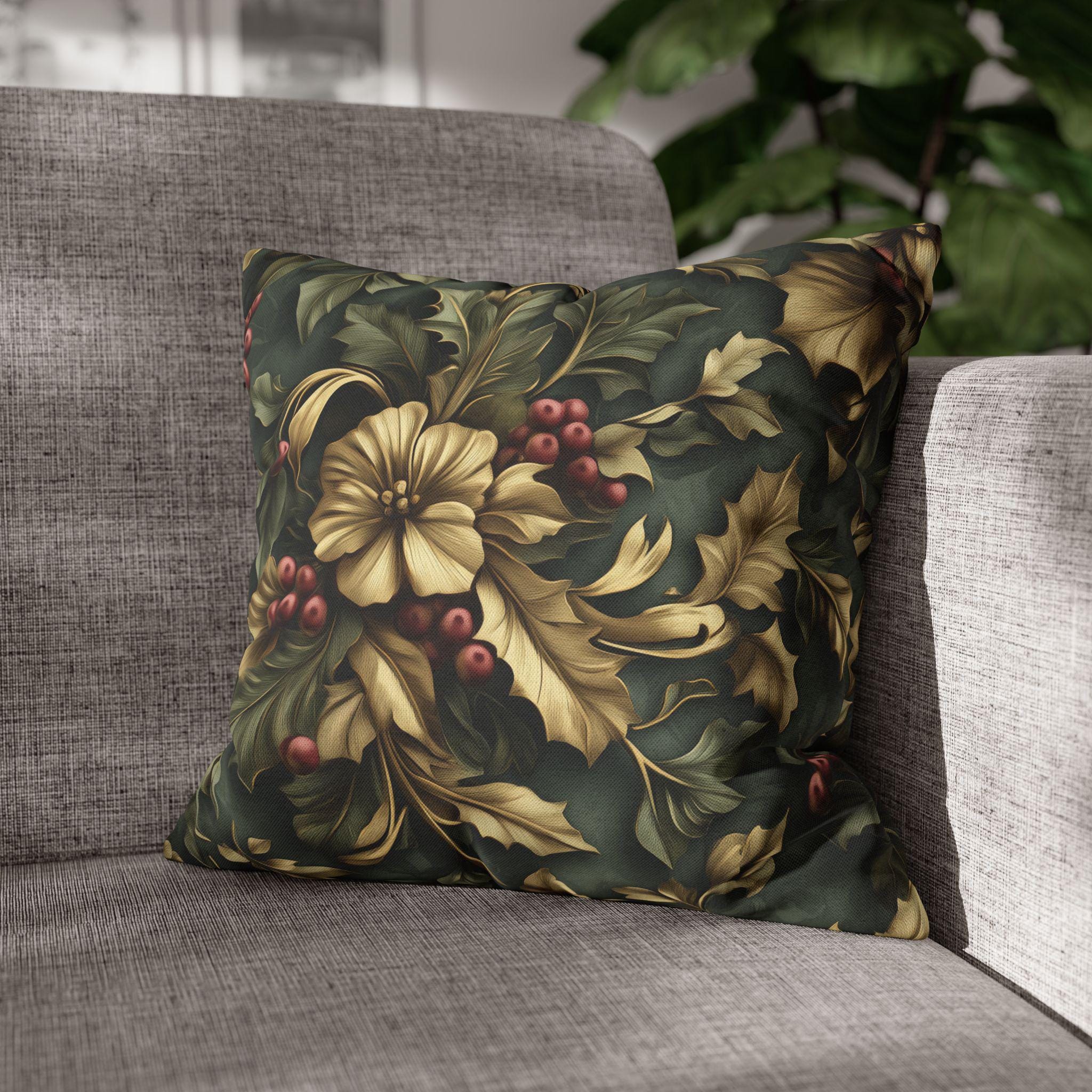 William Morris Inspired Holly & Berries Pillow Cover: Evergreen, Antique Gold, Cranberry