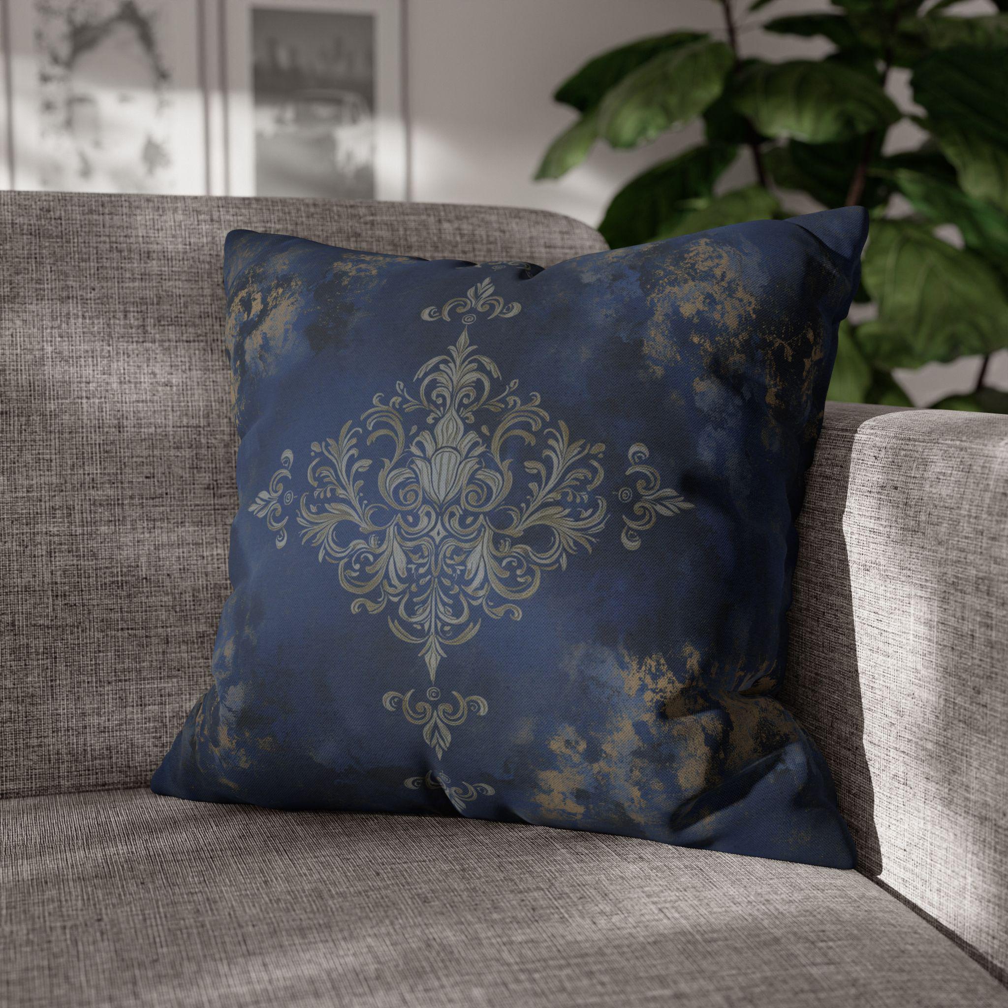 Navy Blue Damask Pillow Cover: Baroque Gold Accent Cushion