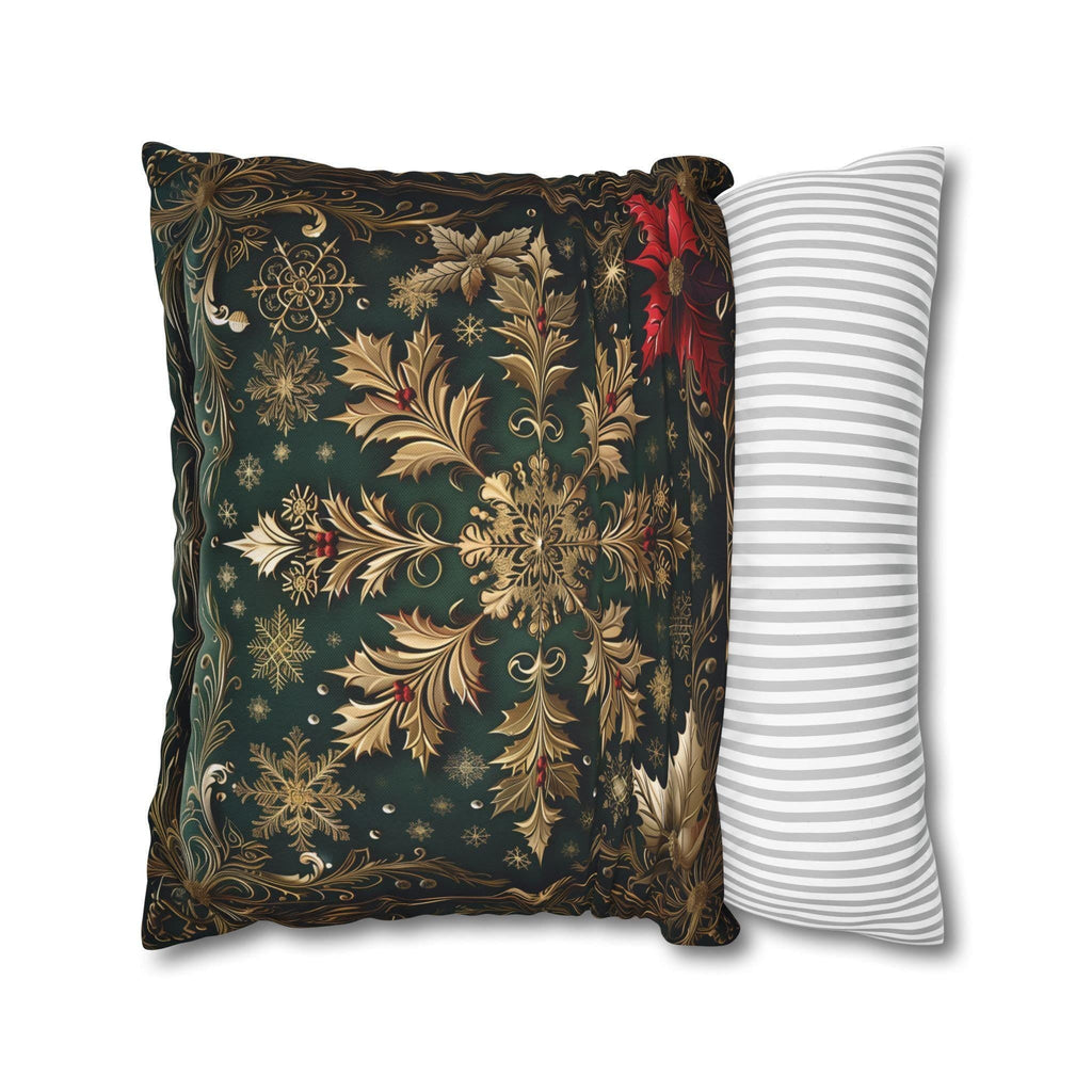 Gold Snowflake Poinsettia Pillow Cover, Emerald Green Holiday Decor