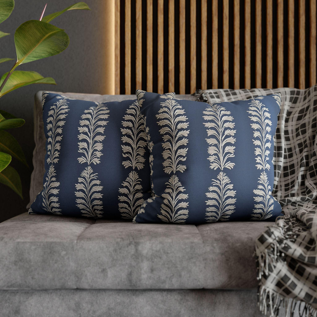 Slate Blue Botanical Pillow Cover: Ivory Leaf Stripe, Farmhouse Decor