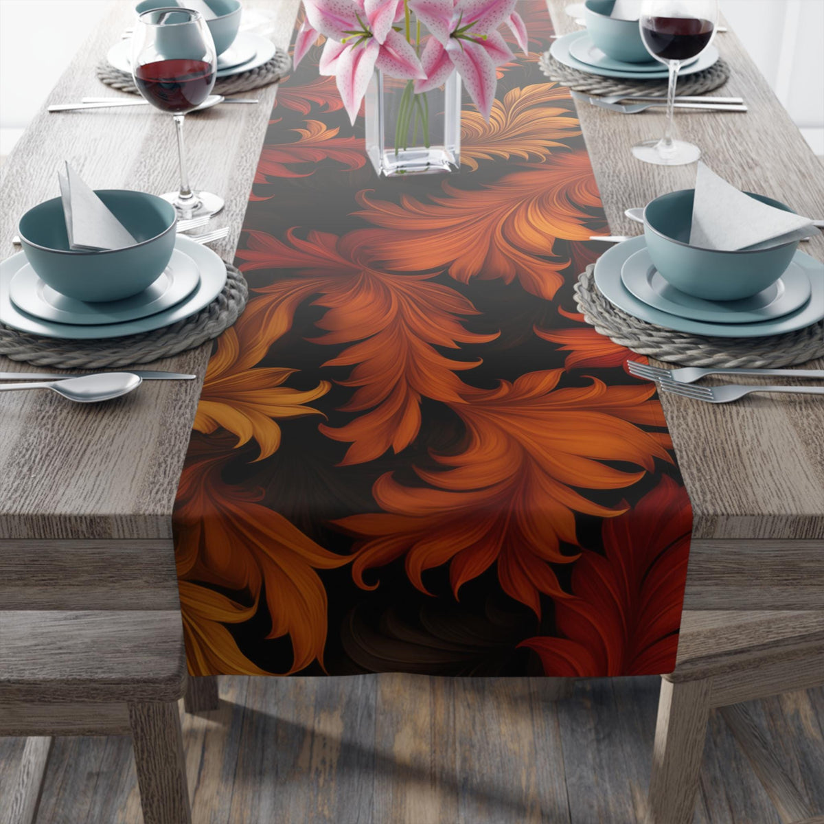 Art Nouveau Fall Table Runner: Ember Orange Acanthus Leaves, Modern Autumn Decor