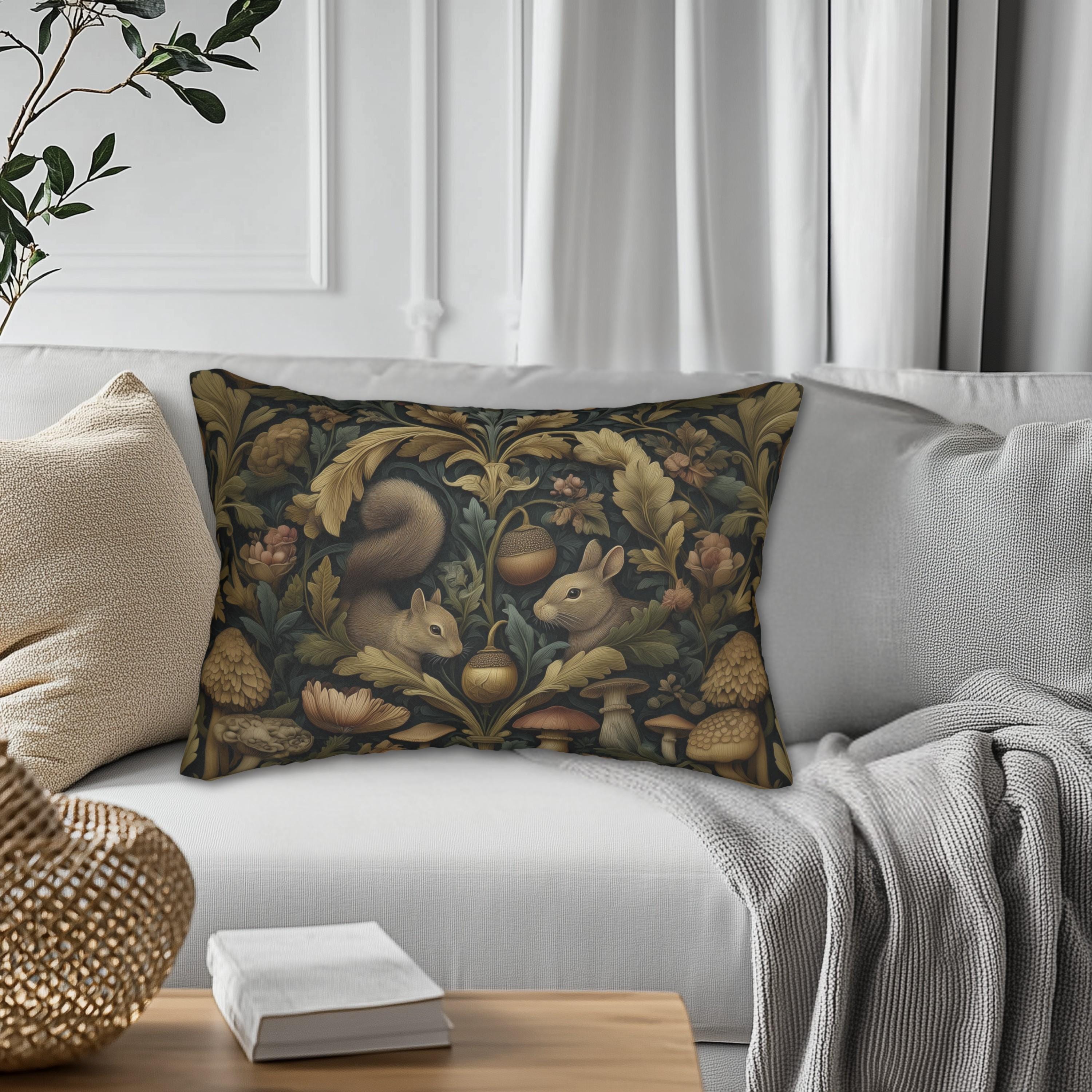 William Morris Woodland Forest Lumbar Pillow: Squirrel & Rabbit Tapestry-Style