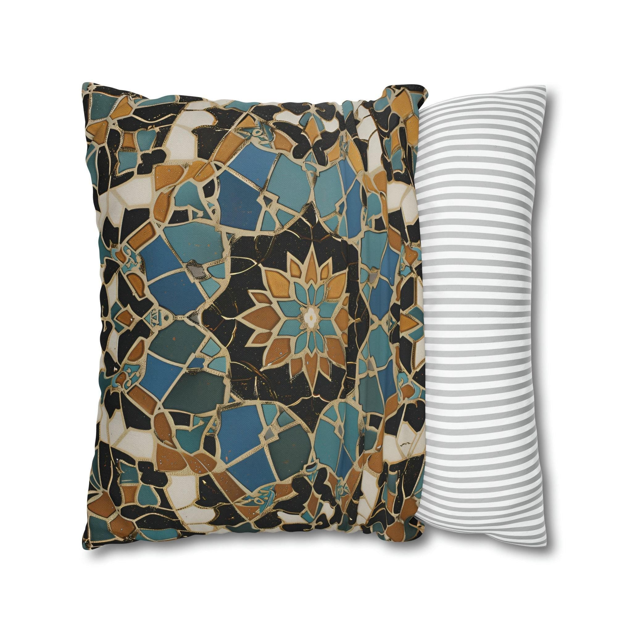 Luxurious Moroccan Tilework Inspired Pillow Cover: Teal, Beige, Brown Geometric Cushion Case