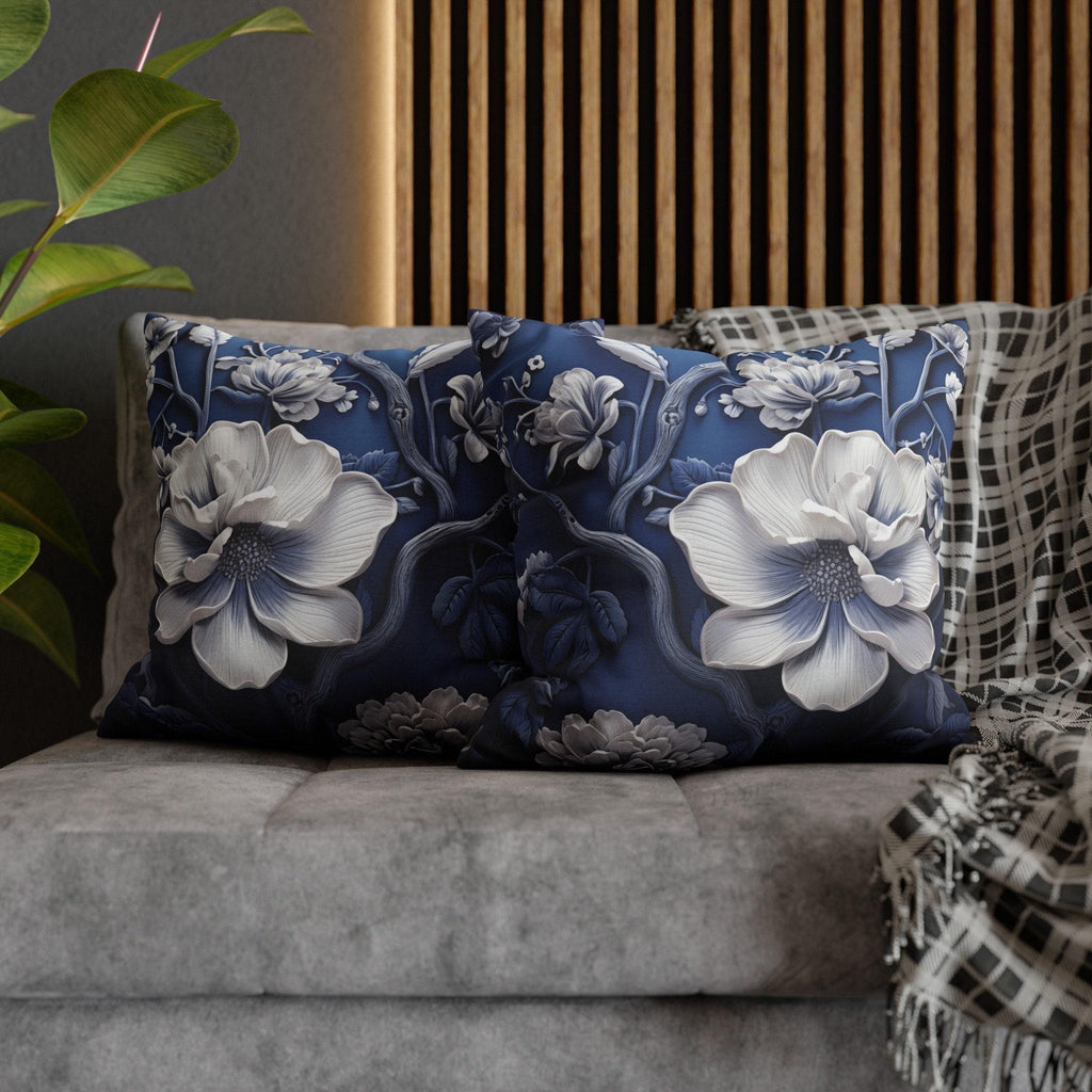 Porcelain-Style Blue Pillow Cover | Large White Blossoms Design | Chinoiserie Elegance for Home Decor