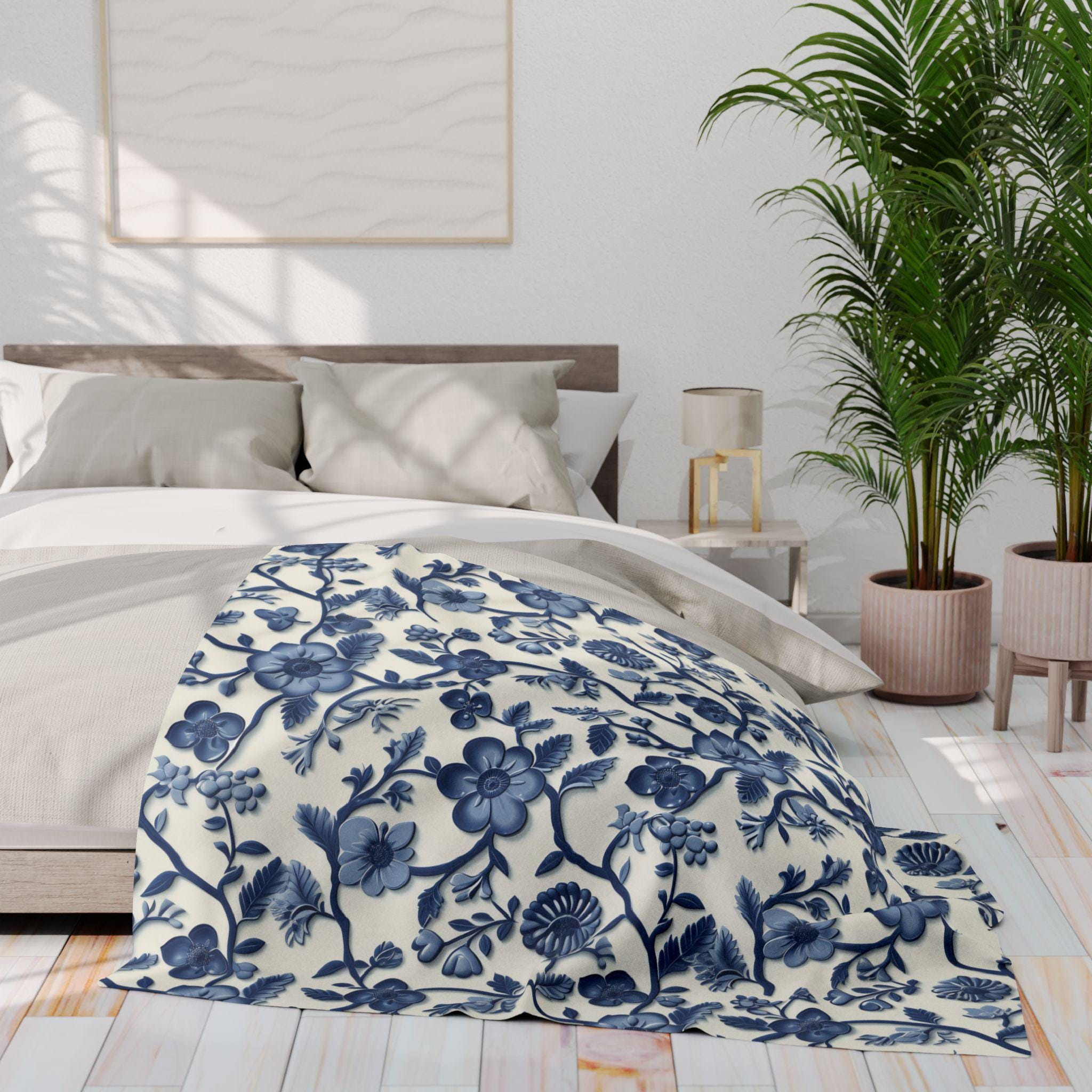 Chinoiserie Fleece Blanket: Blue and White Floral Pottery Pattern