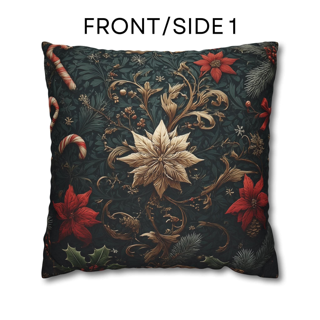 Dark Botanical Holiday Pillow Cover: Gold Poinsettia, Red Florals & Candy Canes on Deep Pine