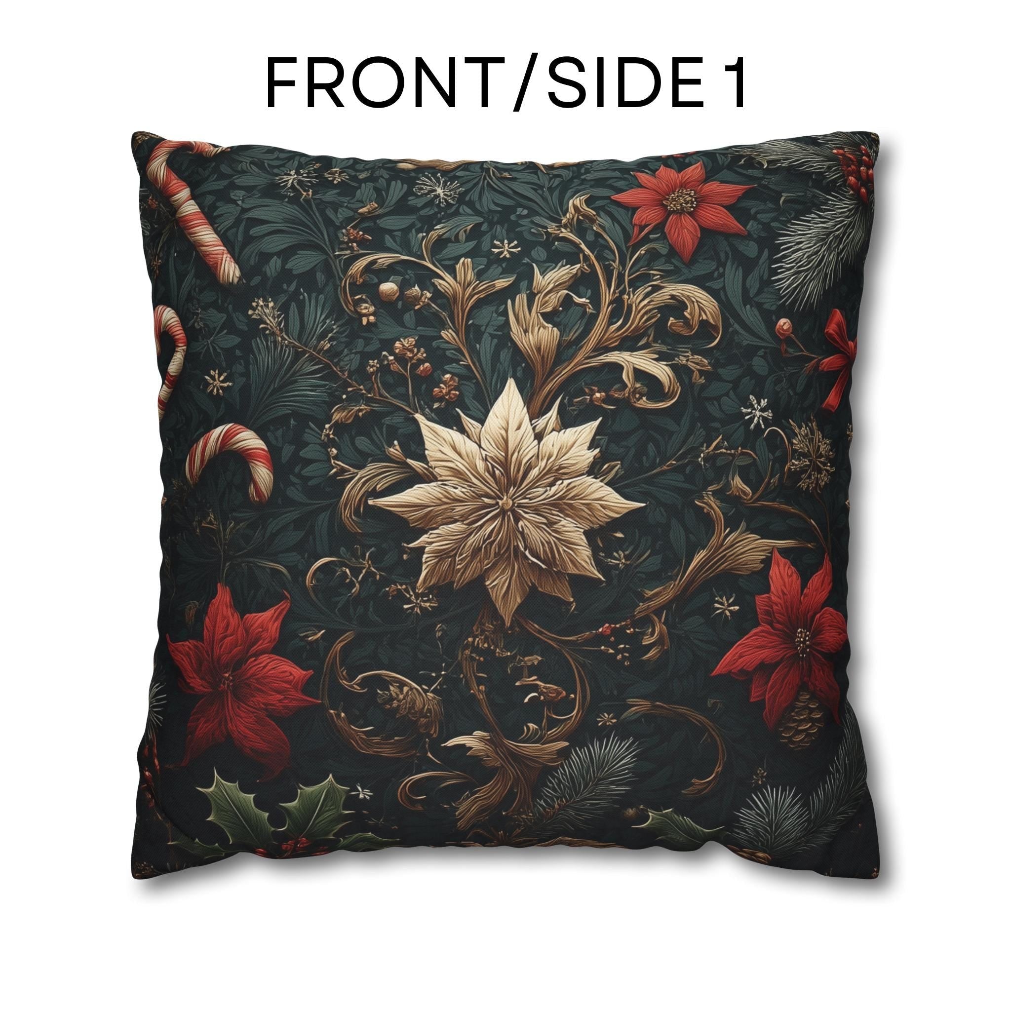 Dark Botanical Holiday Pillow Cover: Gold Poinsettia, Red Florals & Candy Canes on Deep Pine