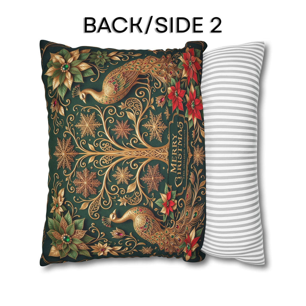 Emerald Green Peacock Christmas Pillow Cover: Gold Poinsettia, Maximalist Holiday