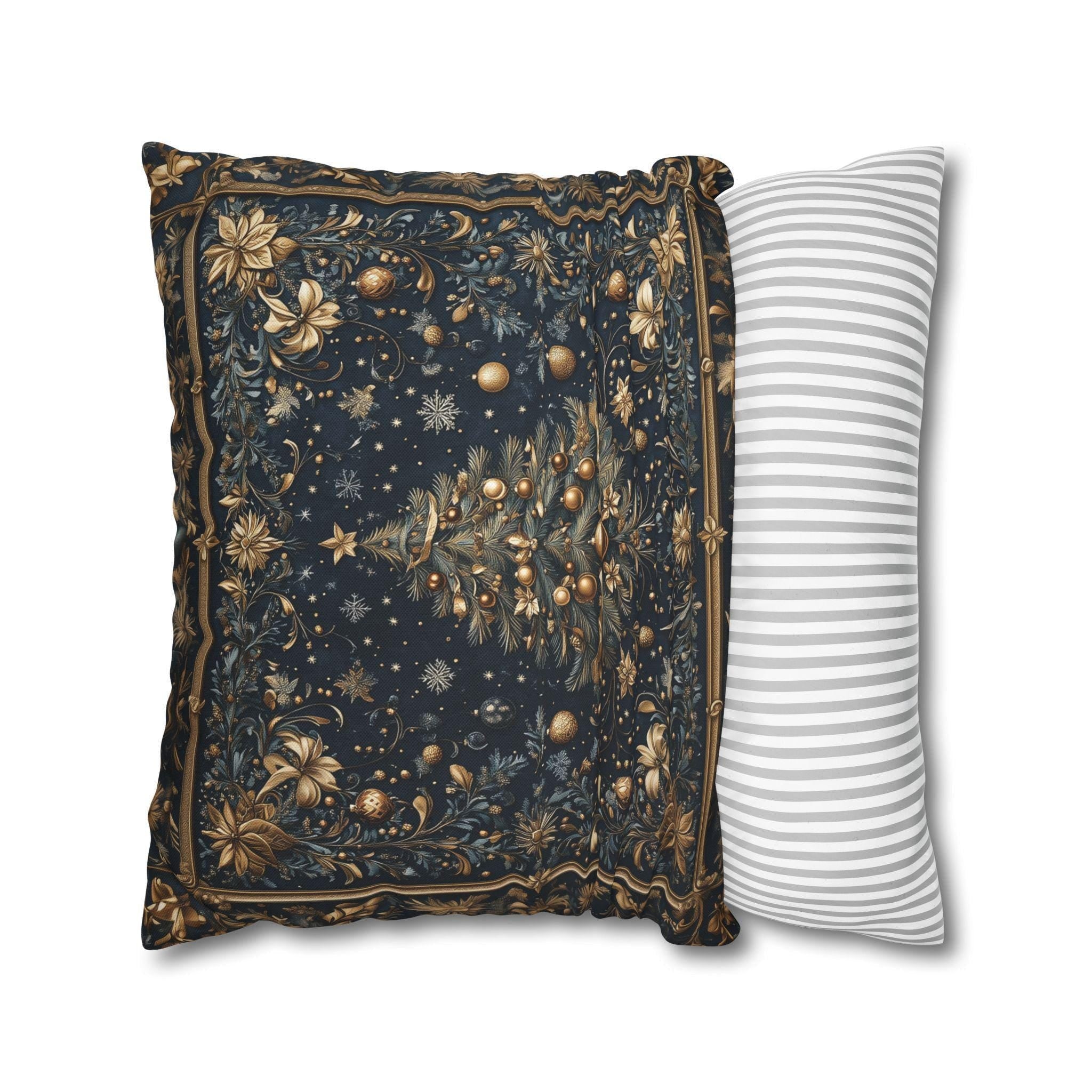 William Morris Inspired Christmas Tree Pillow Cover:  Midnight Blue with Vintage Style Florals