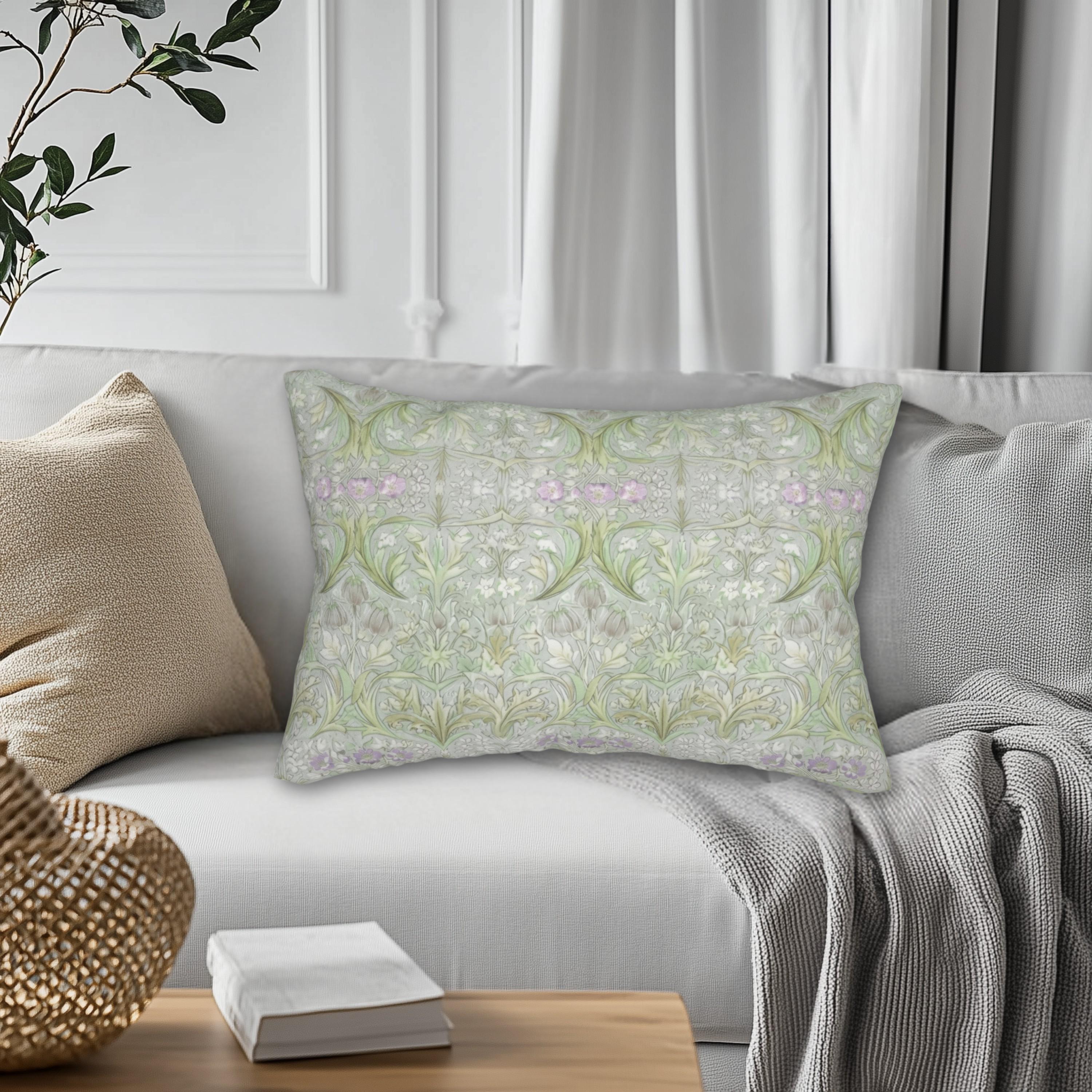 William Morris Inspired Lumbar Pillow: Soft Sage Botanical with Muted Lavender