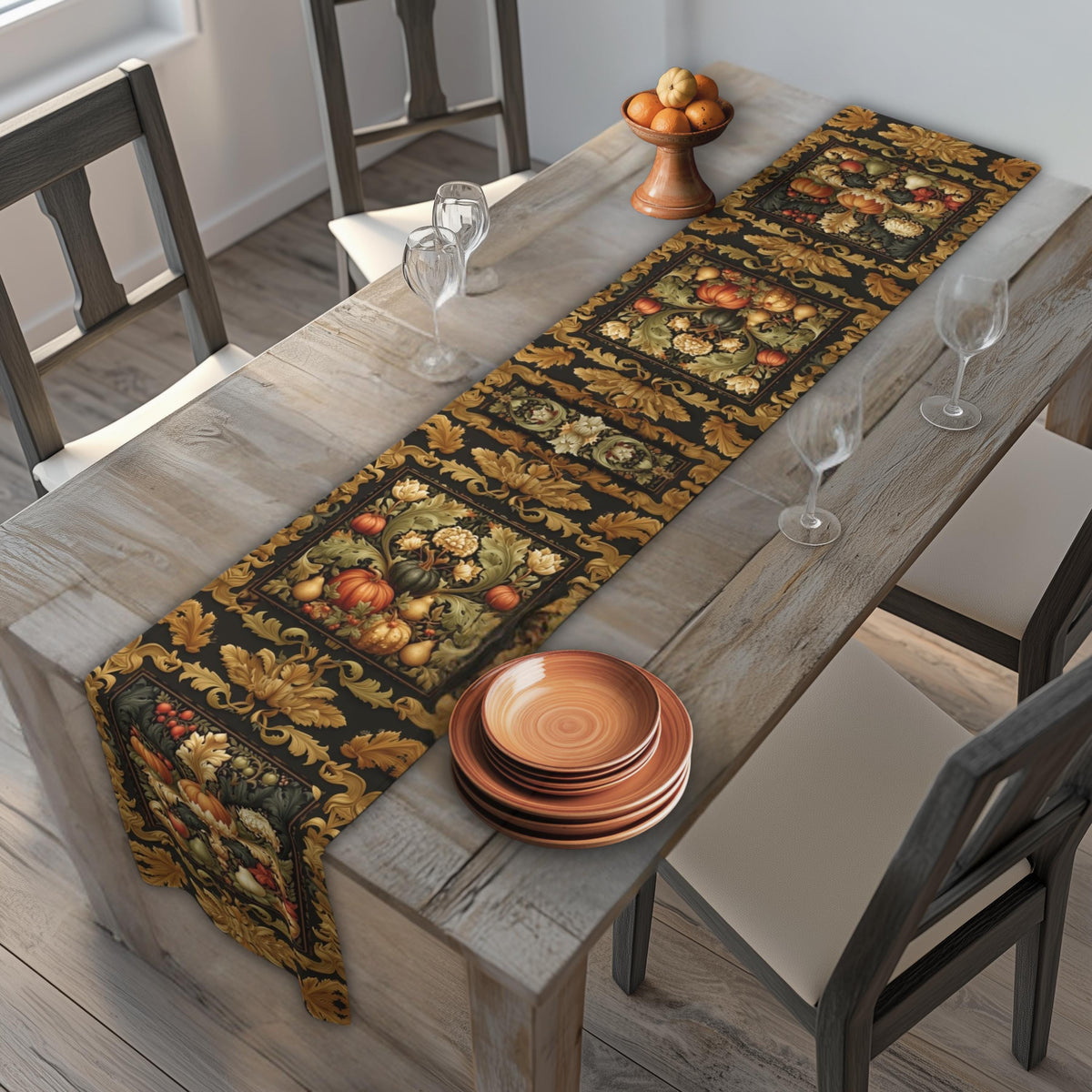 William Morris Inspired Fall Table Runner: Vintage Harvest Tapestry in Deep Brown, Gold, & Rust
