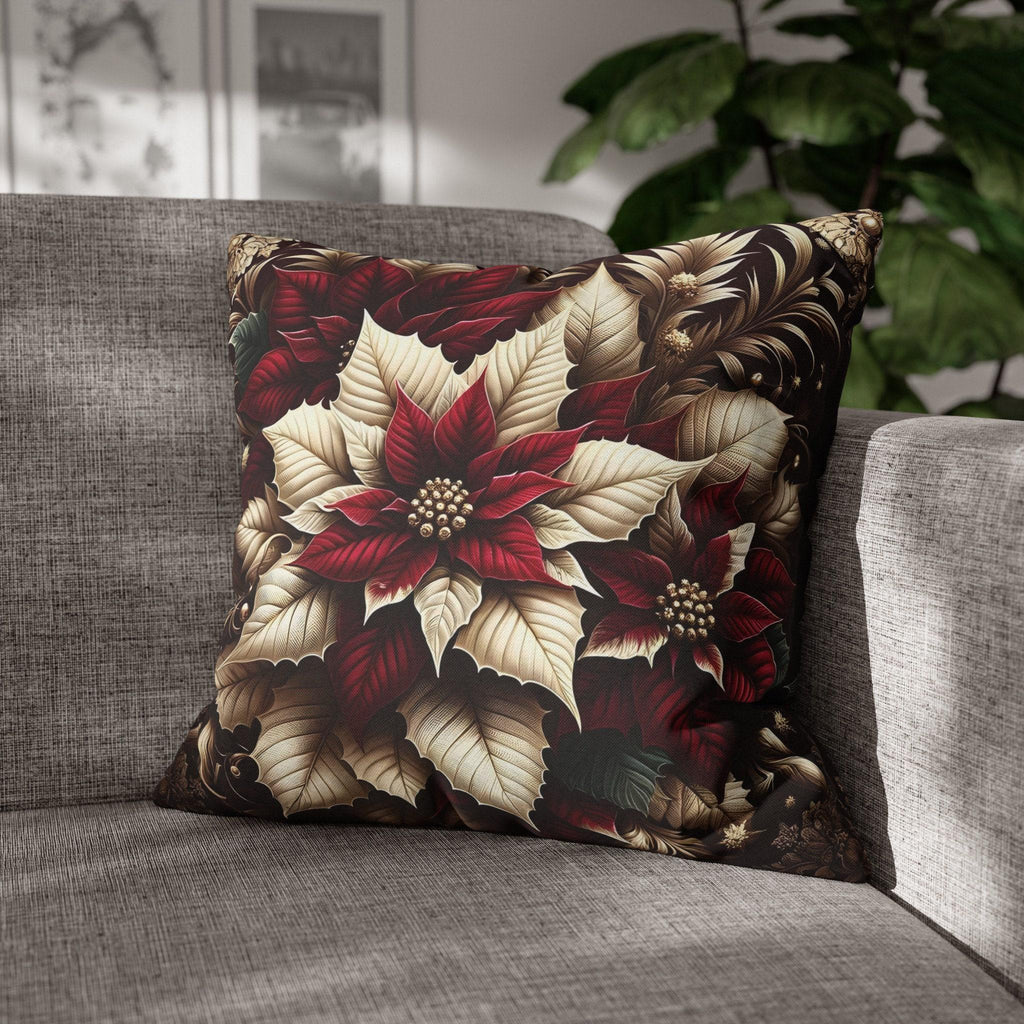 Sophisticated Burgundy & Gold Poinsettia Christmas Pillow Cover | Elegant Holiday Decor
