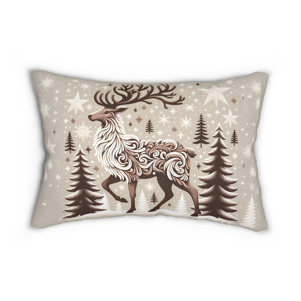 Flocked Reindeer: Intricately Detailed Lumbar Pillow with Snowy Winter Backdrop