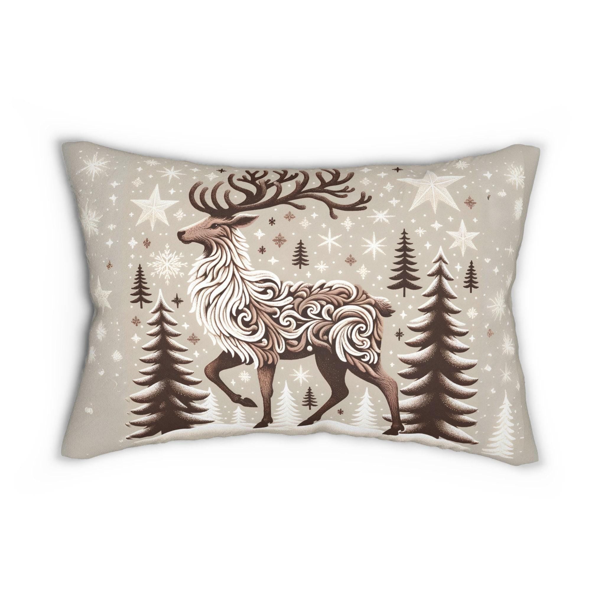 Flocked Reindeer: Intricately Detailed Lumbar Pillow with Snowy Winter Backdrop