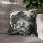 Halloween Toile Pillow Cover: Haunted House, Crows and Black Cat in Monochrome