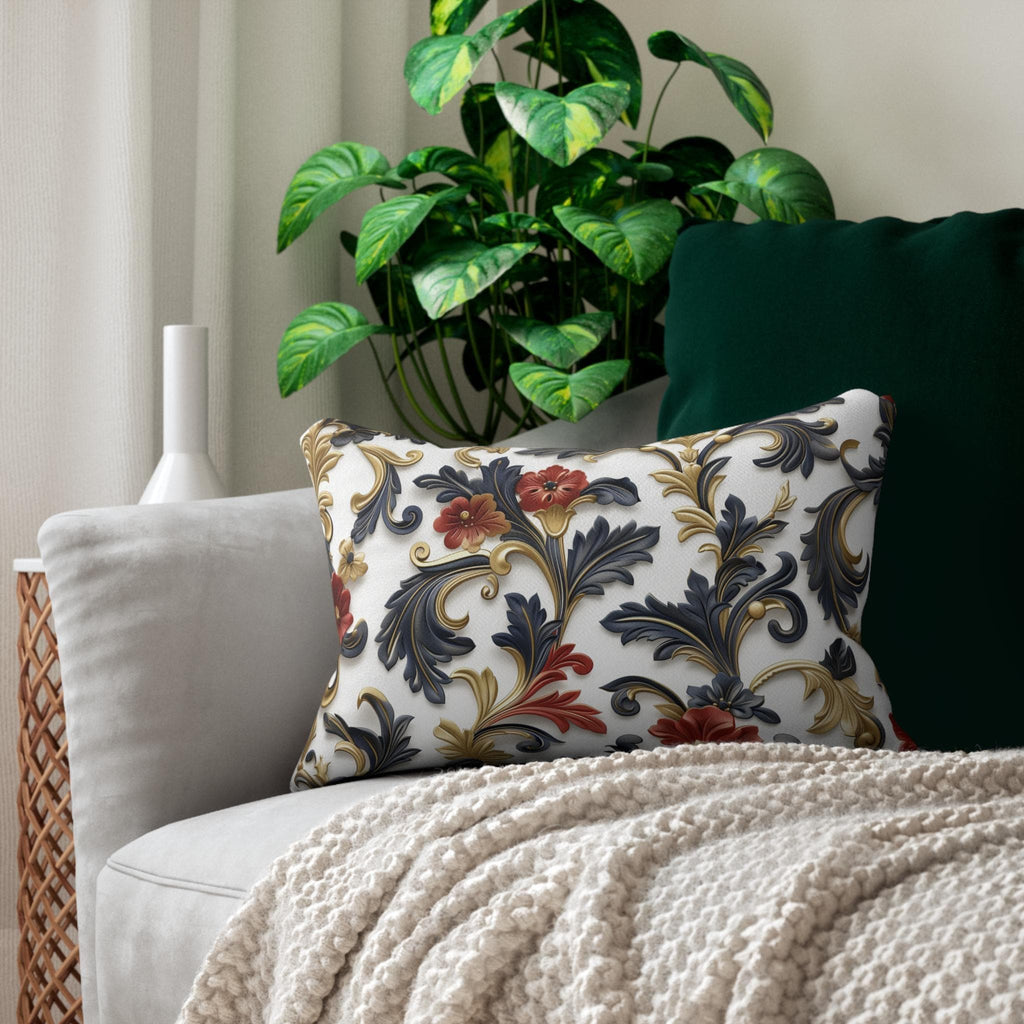 Baroque Inspired Lumbar Pillow | Luxurious Navy Blue, Gold, and Red Floral Design | White Background