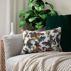 Baroque Inspired Lumbar Pillow | Luxurious Navy Blue, Gold, and Red Floral Design | White Background