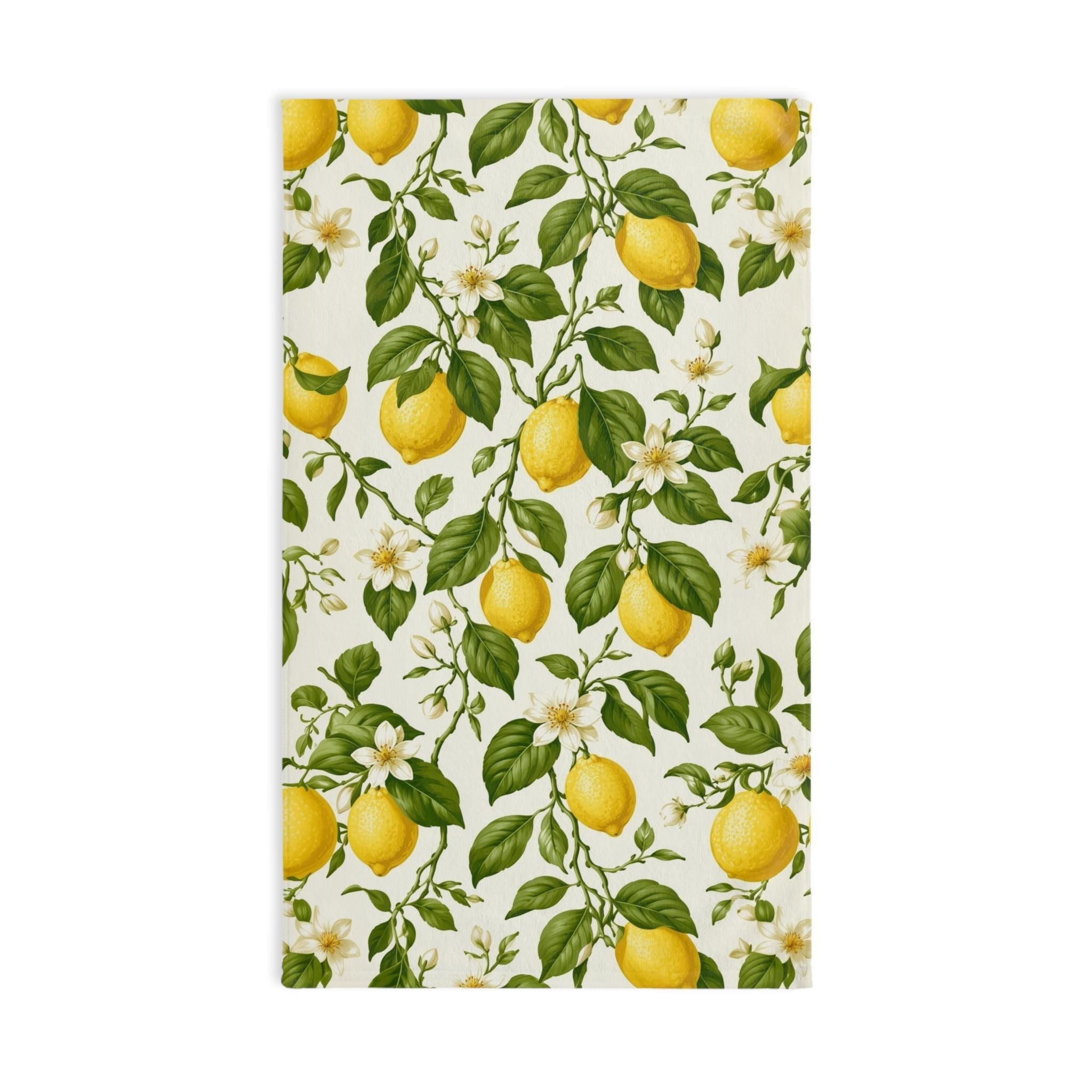 Lemon Hand Towel: with Green Leaves and Florals on a Creamy White Background