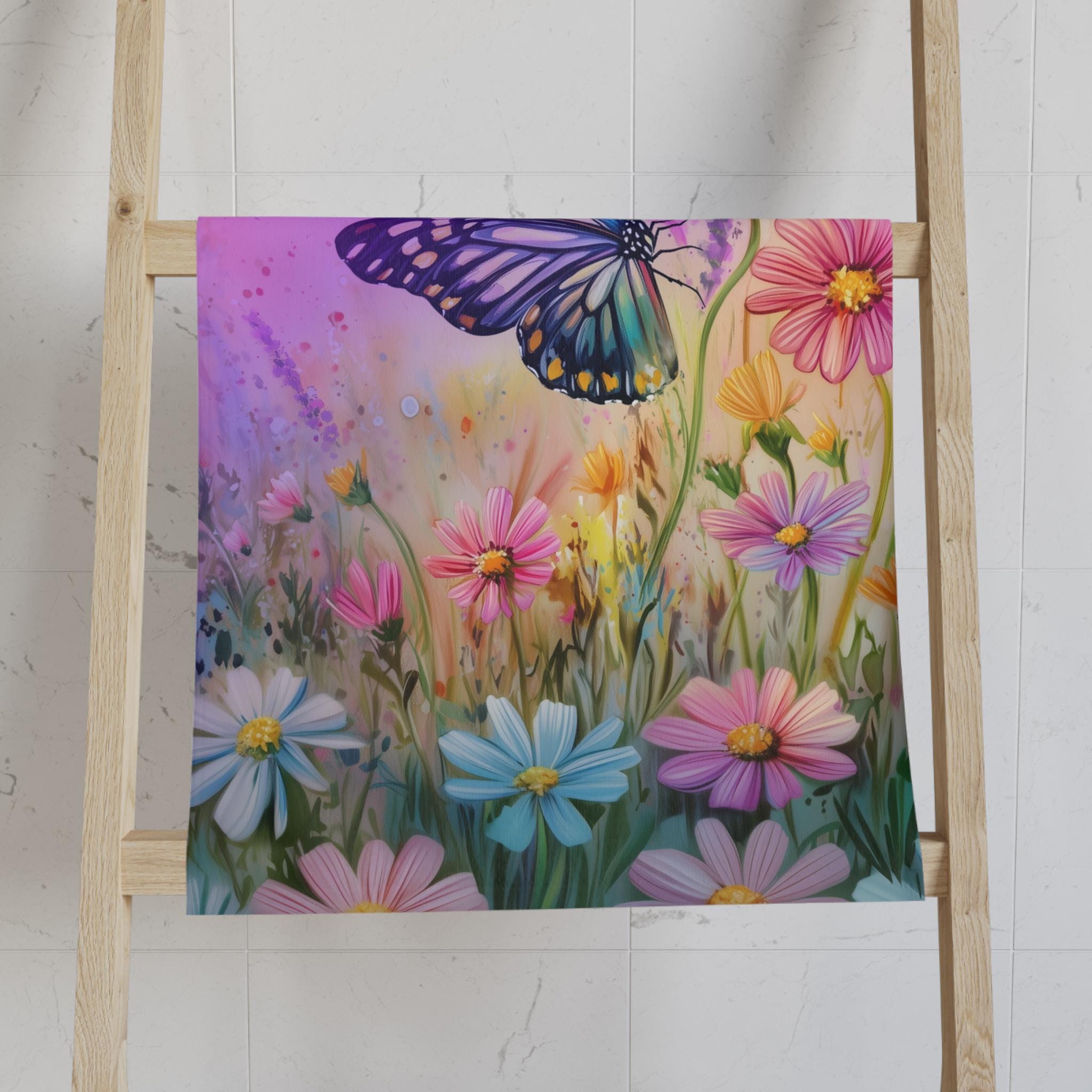Colorful Butterfly Garden Hand Towel: Floral Design with 3 Background Options