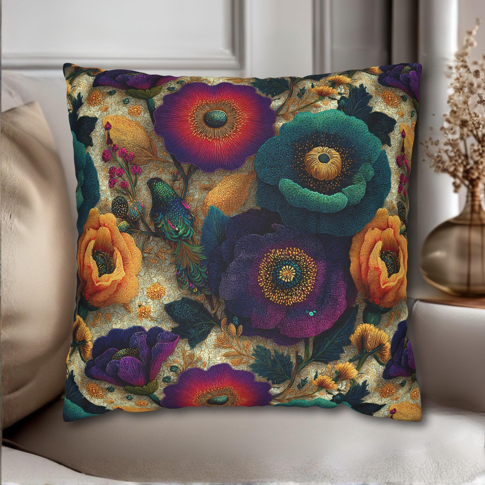 Colorful Art Nouveau Pillow Cover: Jewel Tone Floral Decor Inspired by Gustav Klimt
