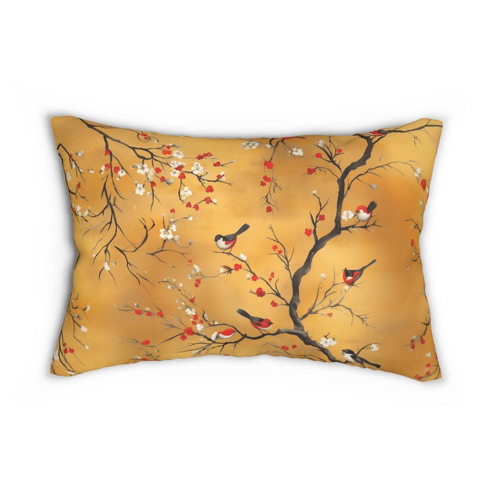 Chinoiserie Lumbar Pillow: Red Blossoms & Birds on Gold