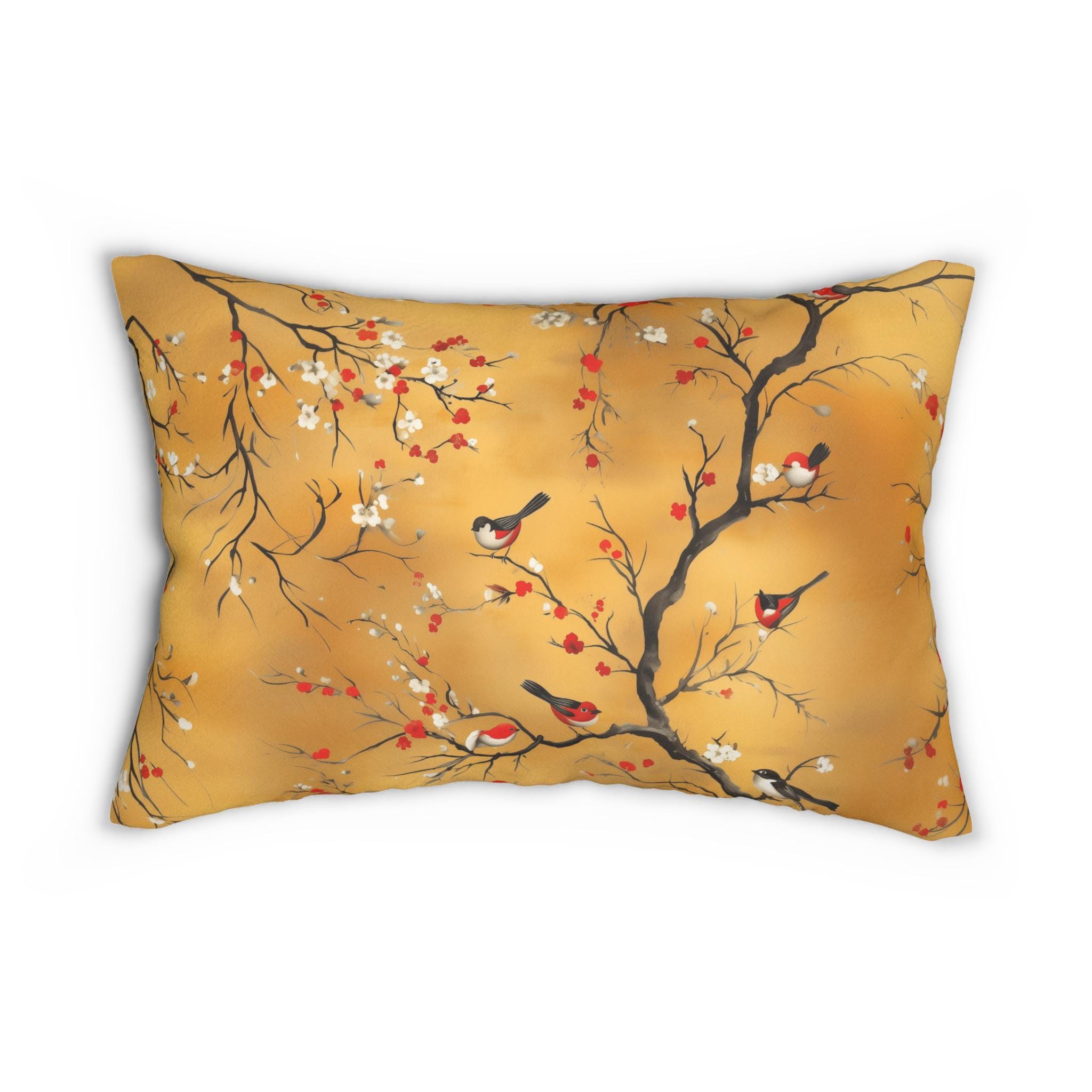 Chinoiserie Lumbar Pillow: Red Blossoms & Birds on Gold