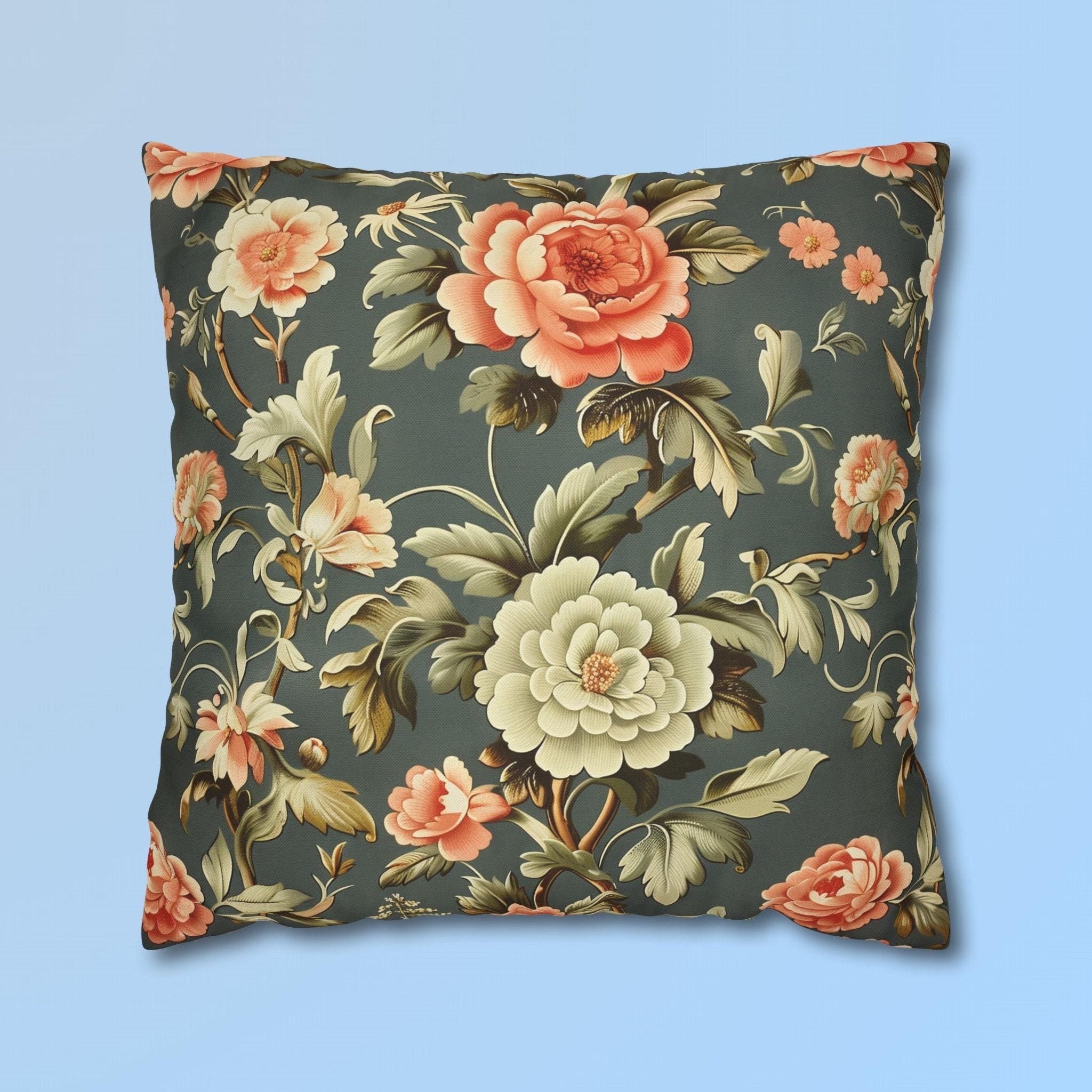 Vintage Style Floral Pillow Cover: Dark Green, Coral & Peach Peonies