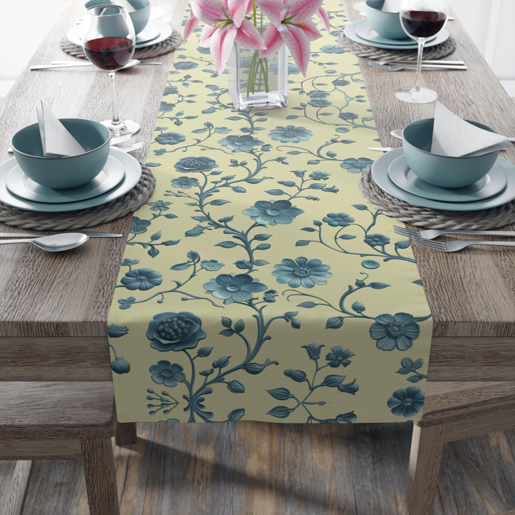 Teal Floral Chinoiserie Table Runner: Elegant Botanical Dining Decor on Buttery Yellow