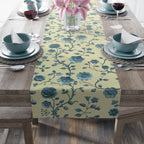 Teal Floral Chinoiserie Table Runner: Elegant Botanical Dining Decor on Buttery Yellow