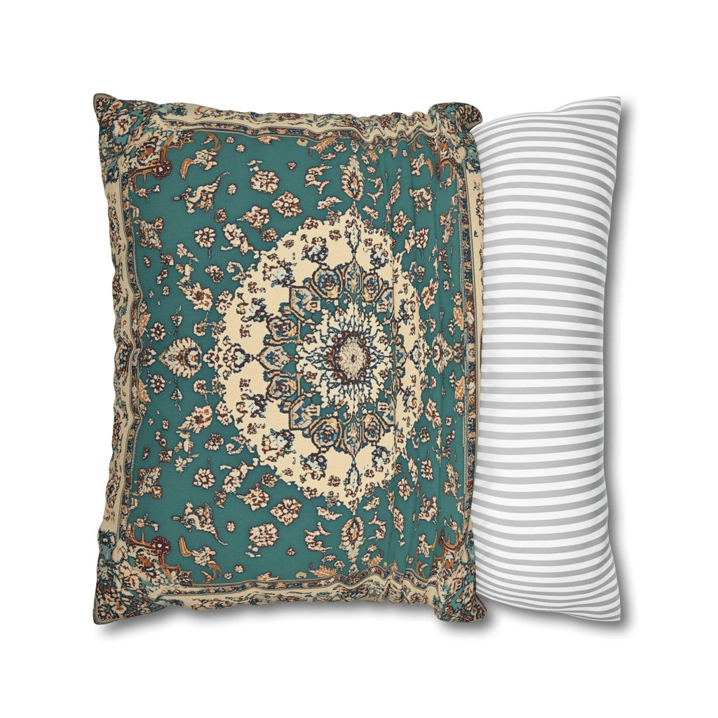 Teal and Ivory Persian-Inspired Pillow Cover: Vintage Carpet Look with Ornate Medallion Design