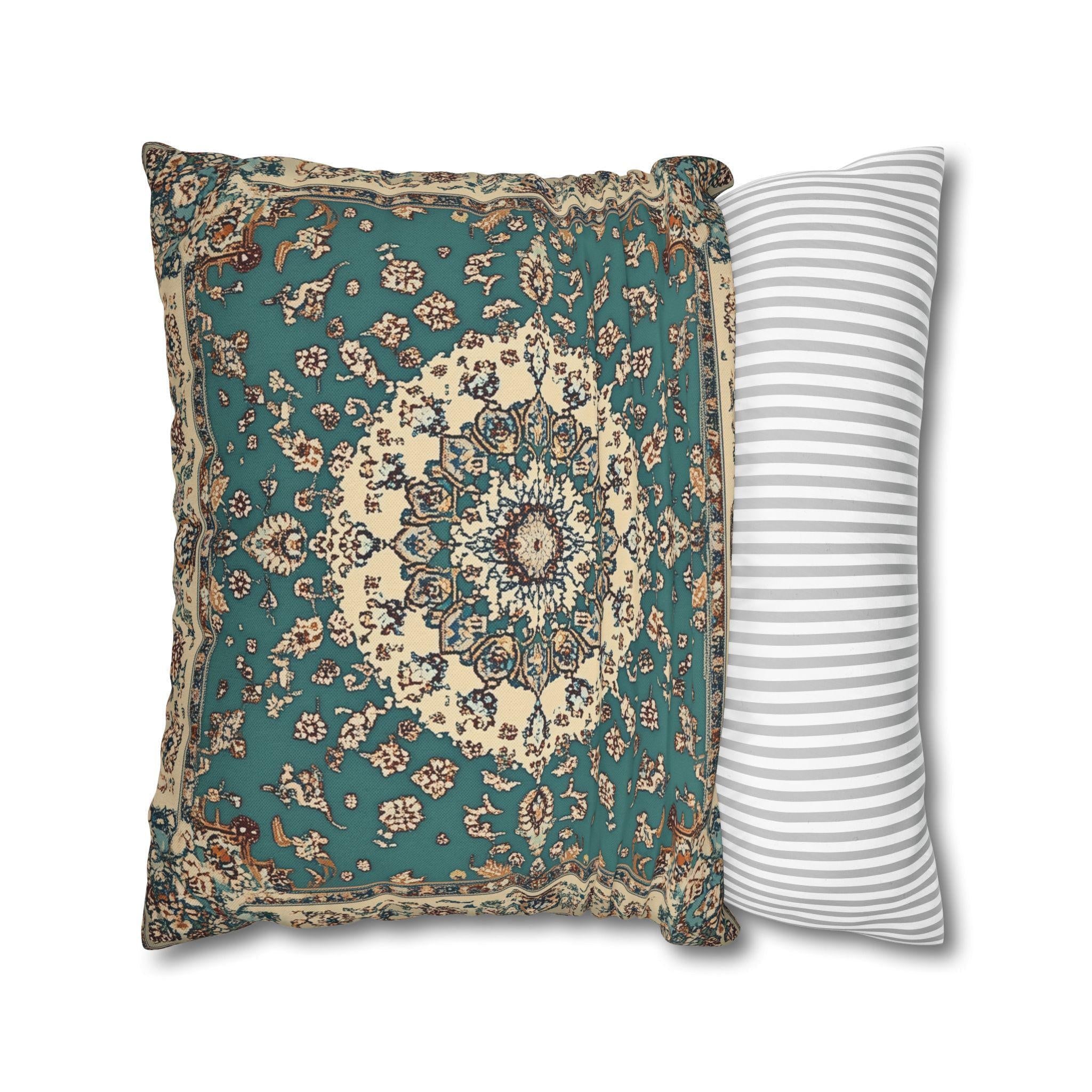 Teal and Ivory Persian-Inspired Pillow Cover: Vintage Carpet Look with Ornate Medallion Design