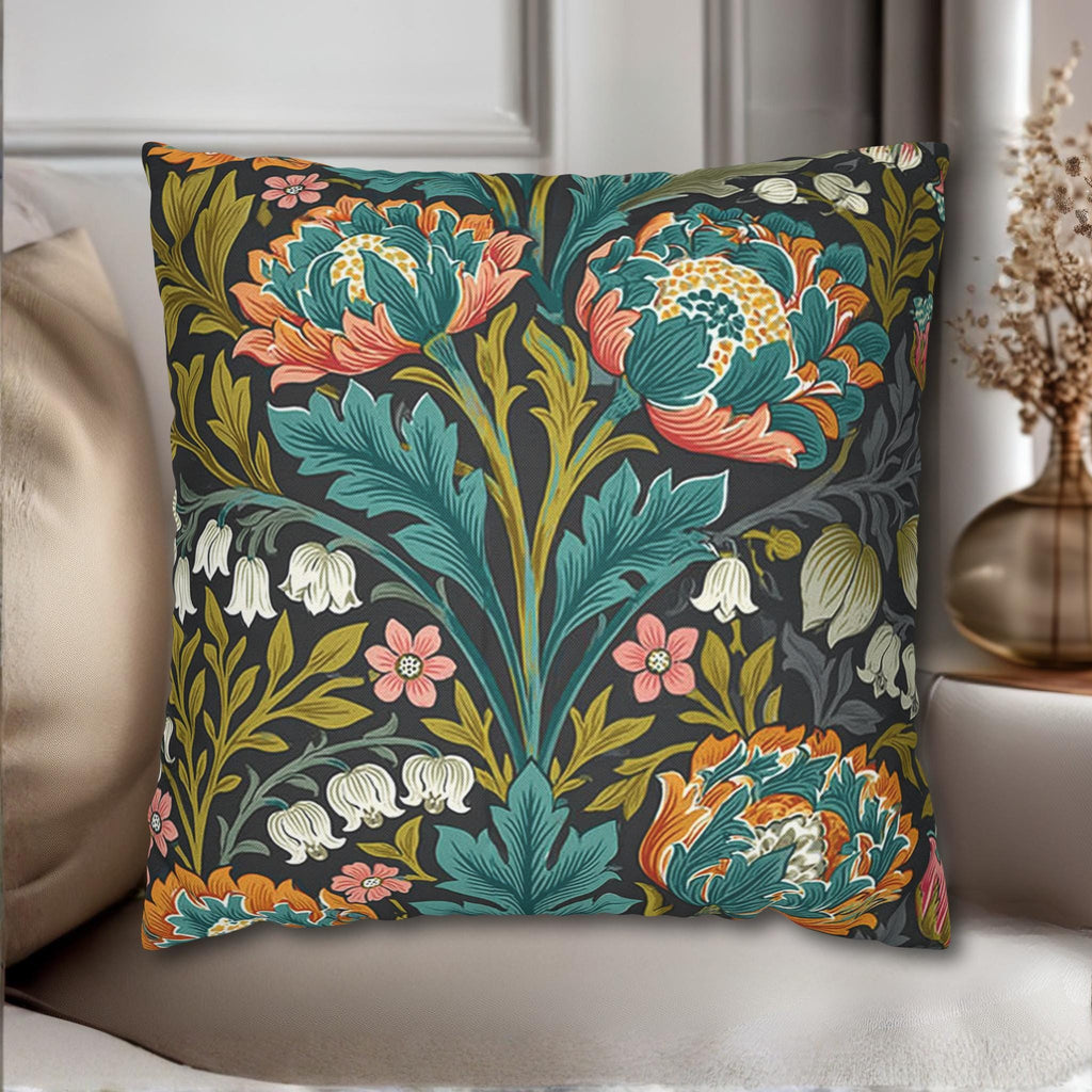 William Morris Style Throw Pillow Cover: Moody Teal Coral Botanical
