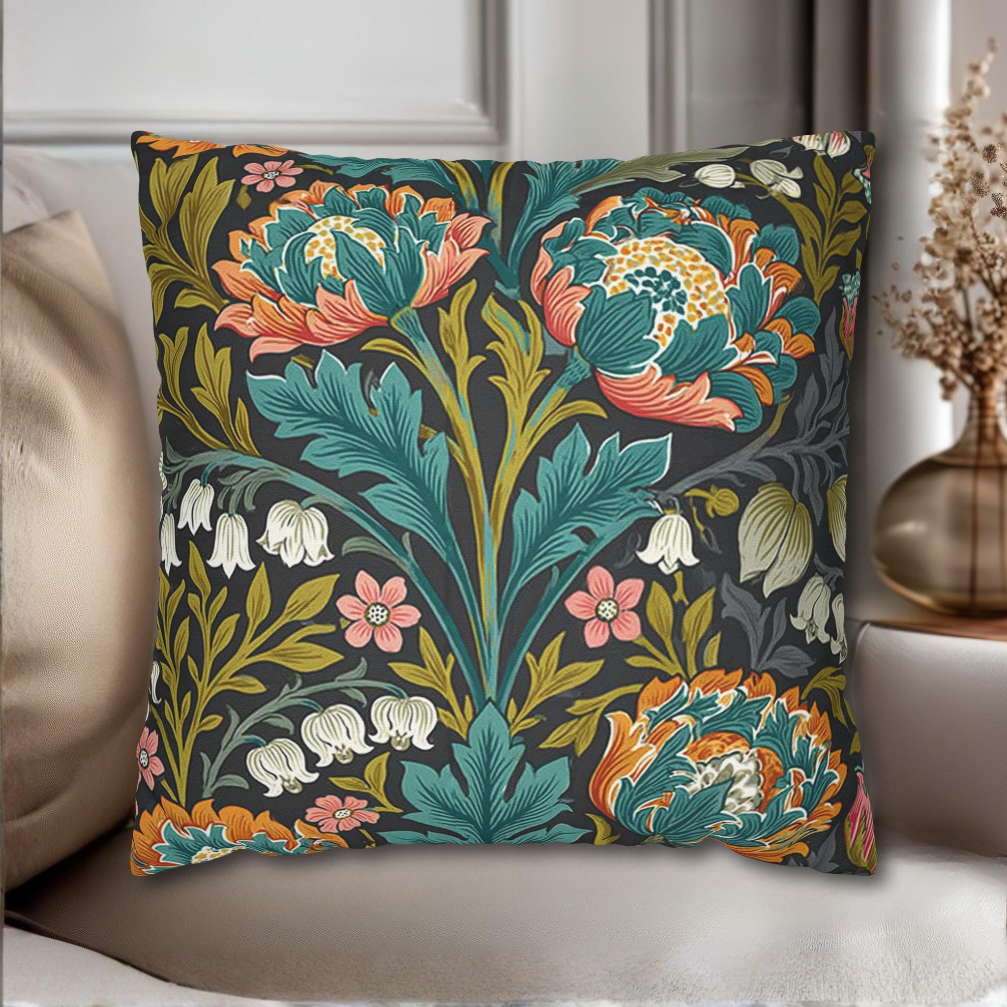 William Morris Style Throw Pillow Cover: Moody Teal Coral Botanical