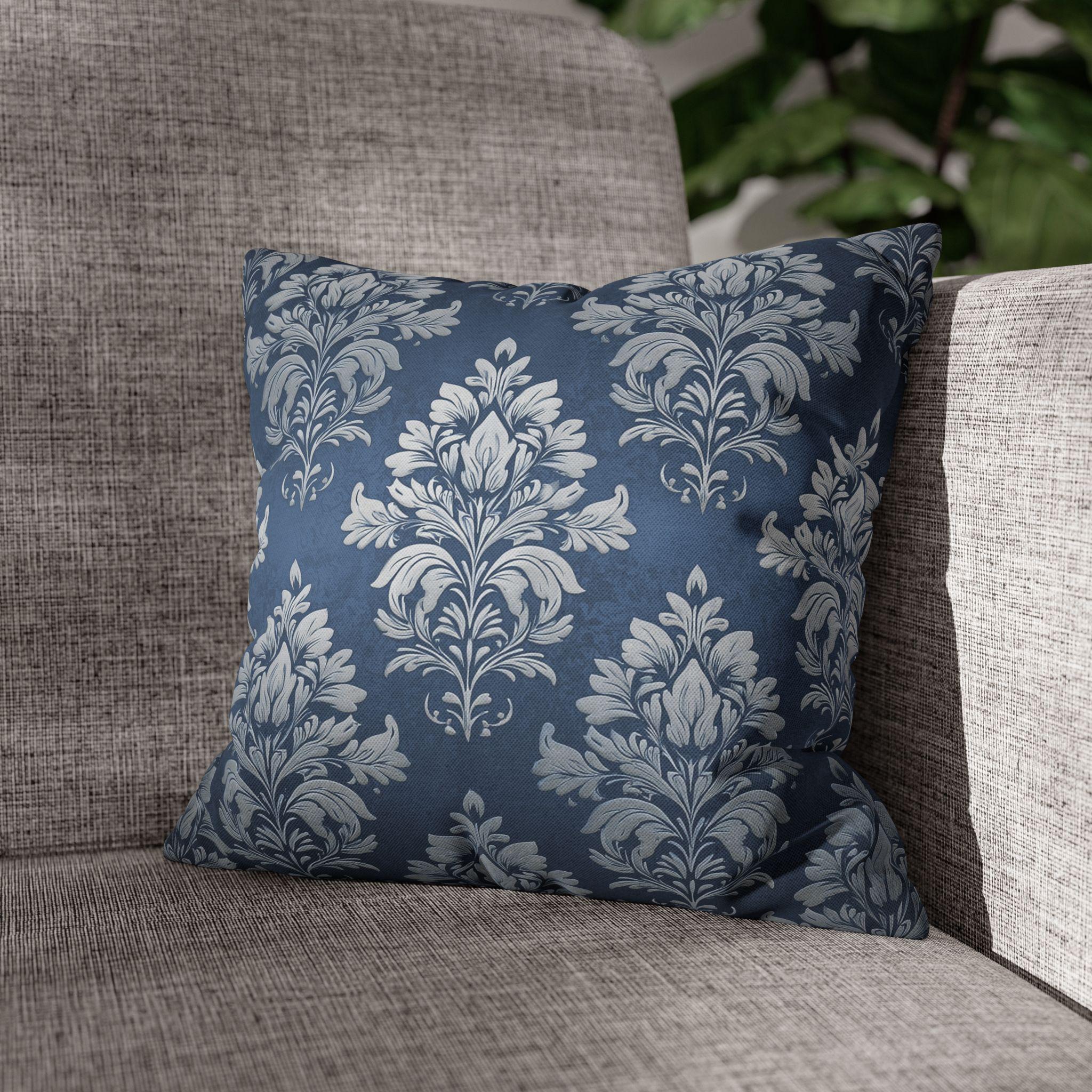 Steel Blue Damask Pillow Cover: Elegant Floral Cushion
