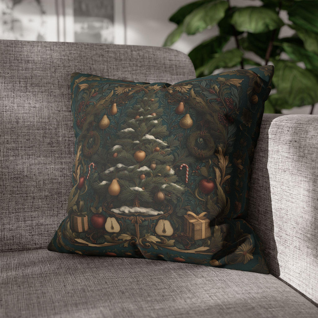 William Morris Inspired Christmas Tree Pillow Cover: Holiday Fruit & Wreath Motif